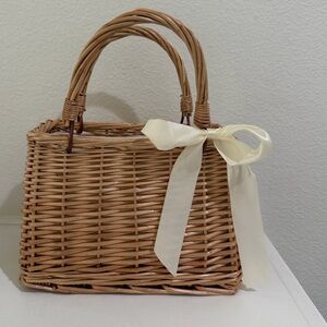 Tan Woven Basket Bag with Ribbon
